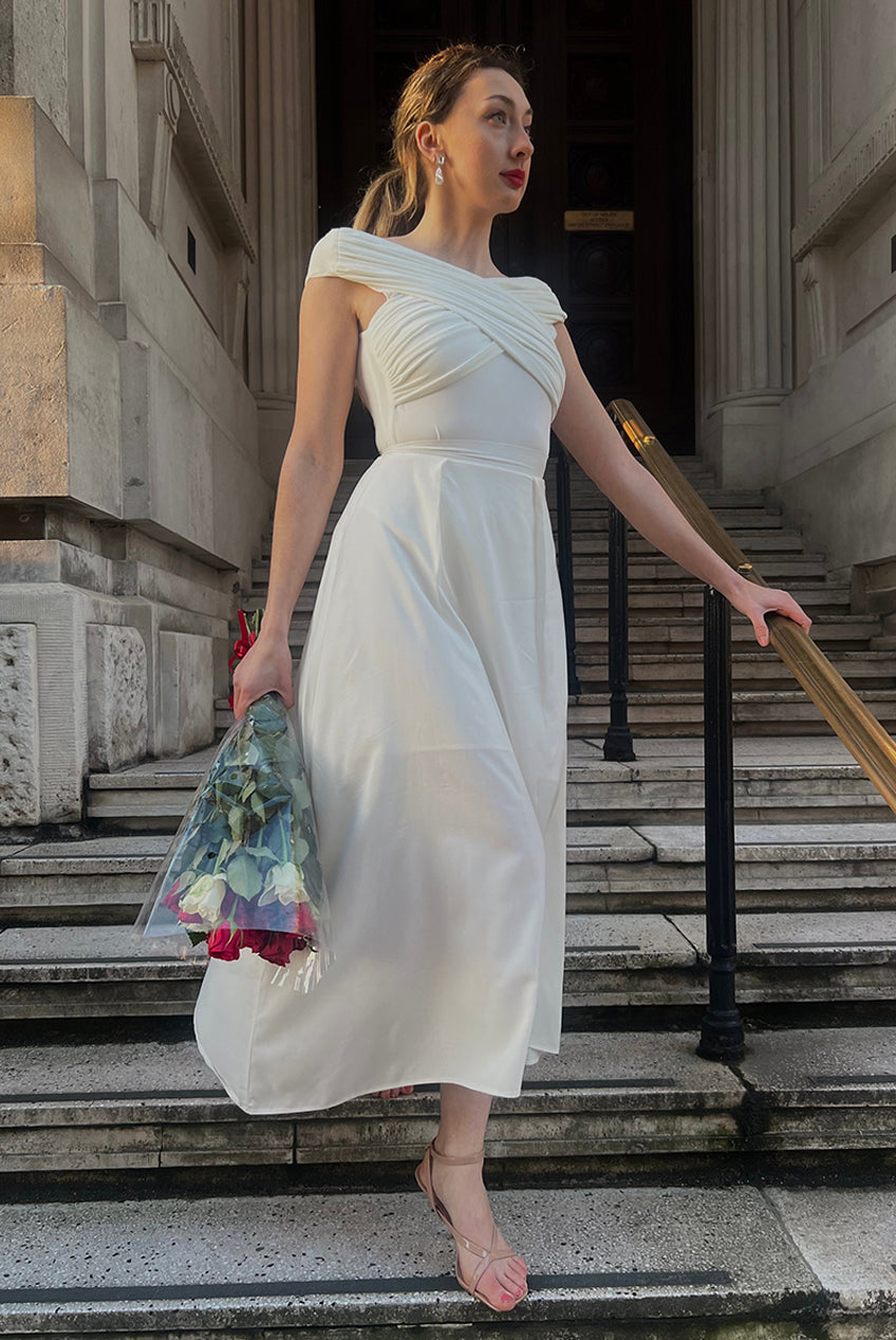 Ivory Pleated Flared Midi Skirt INF20264