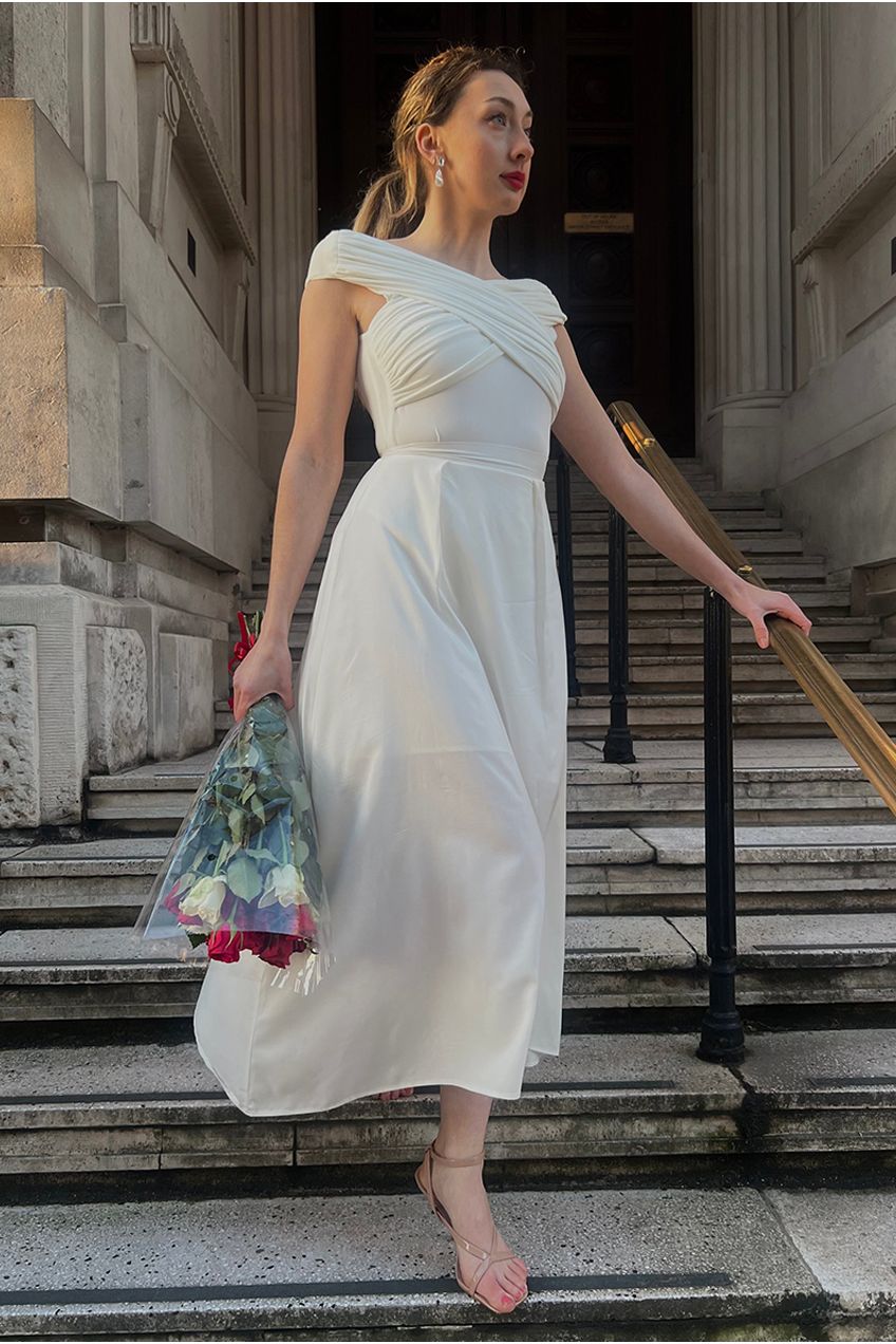 Ivory Pleated Flared Midi Skirt INF20264