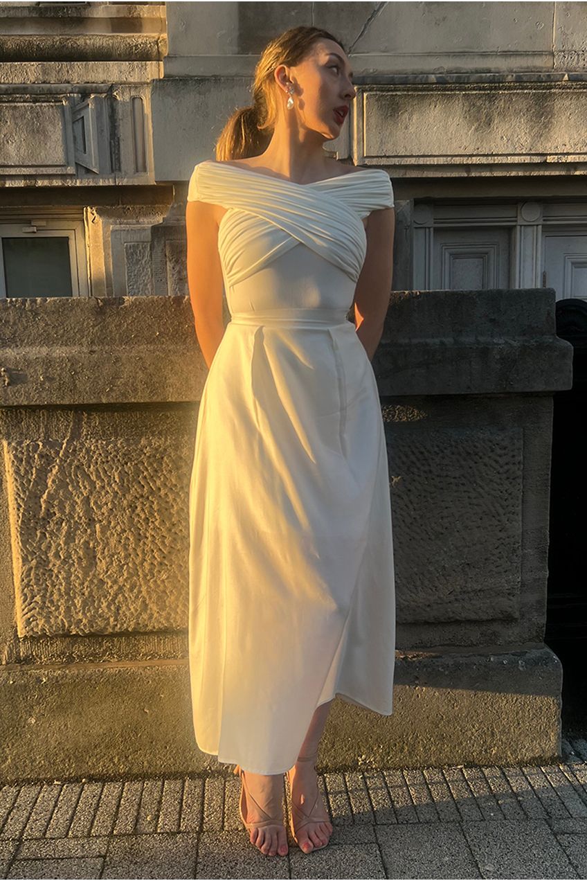 Ivory Pleated Flared Midi Skirt INF20264