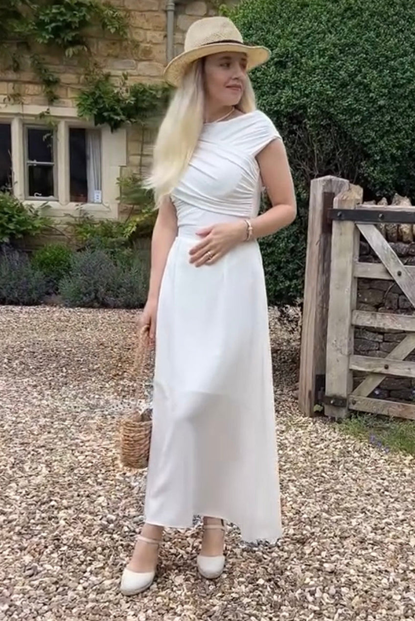 Ivory Pleated Flared Midi Skirt INF20264