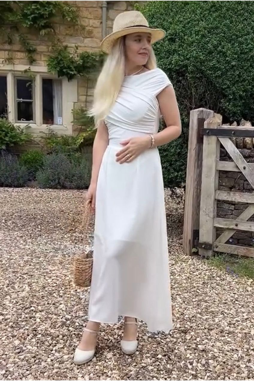 Ivory Pleated Flared Midi Skirt INF20264