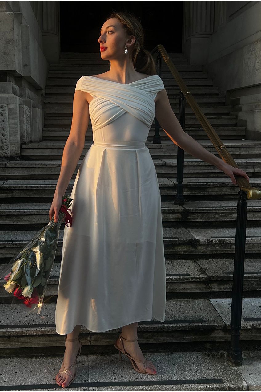 Ivory Pleated Flared Midi Skirt INF20264