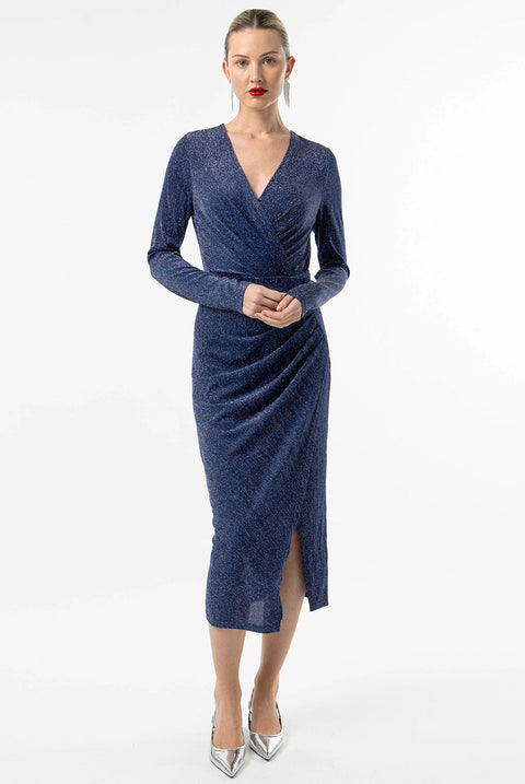 Metallic Wrap Midi Dress In Navy Silver by Angeleye