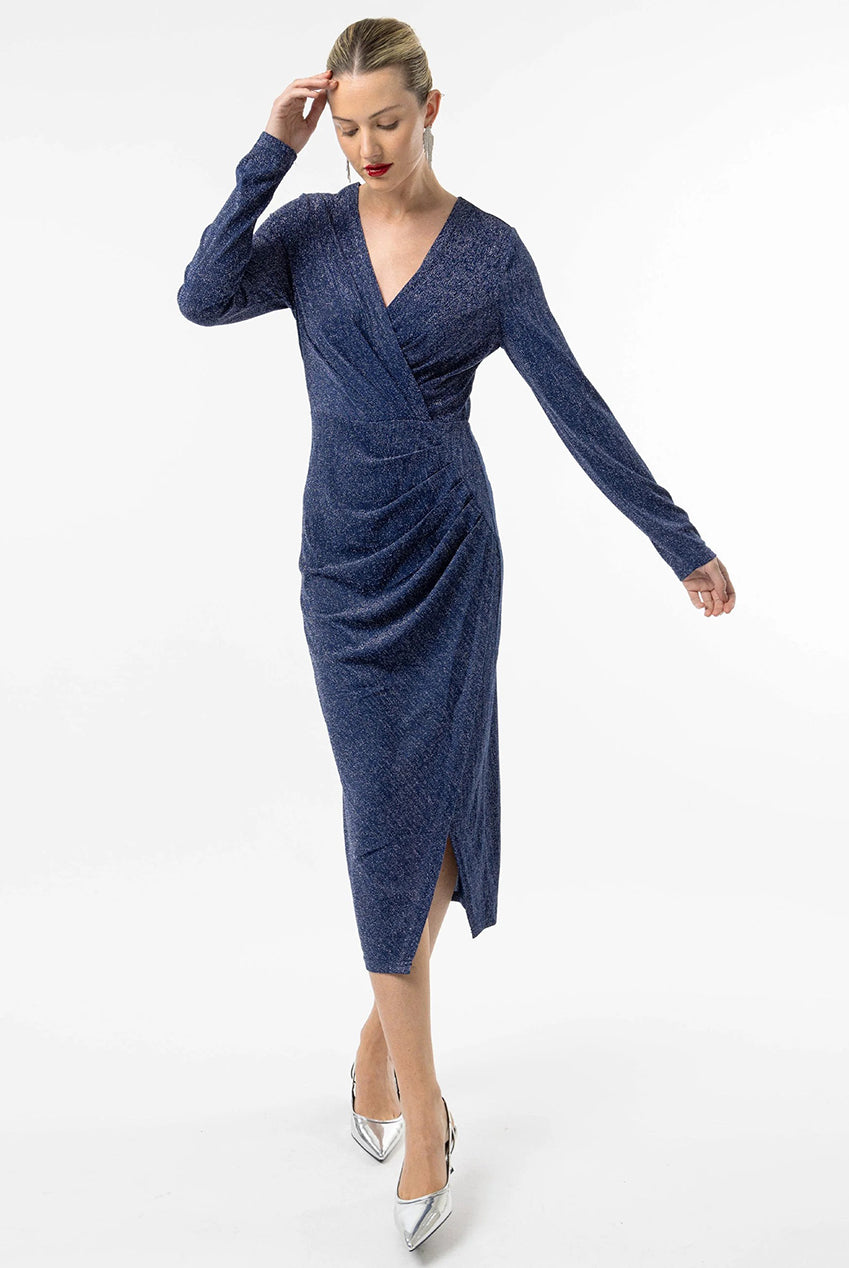 Metallic Wrap Midi Dress In Navy Silver J035274