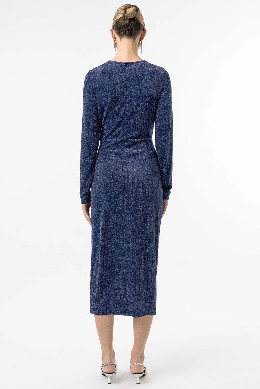 Metallic Wrap Midi Dress In Navy Silver J035274