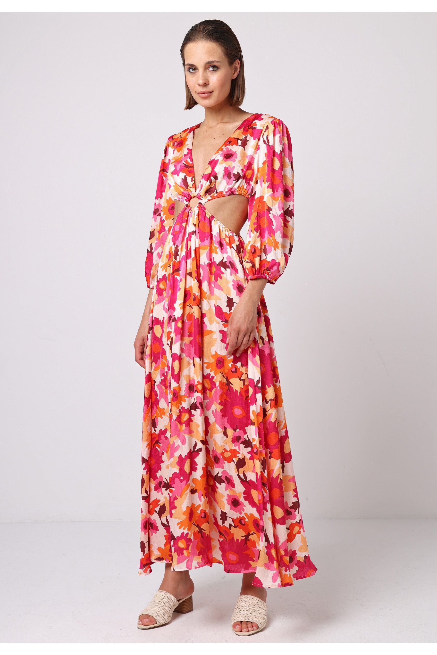 Cut Out Long Sleeve Maxi Dress In Pink Floral Print J035506HOTPNKF