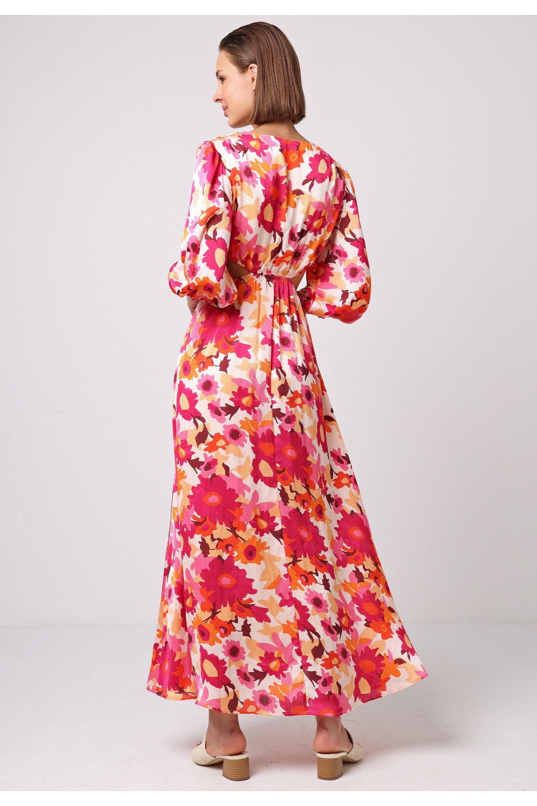 Cut Out Long Sleeve Maxi Dress In Pink Floral Print J035506HOTPNKF