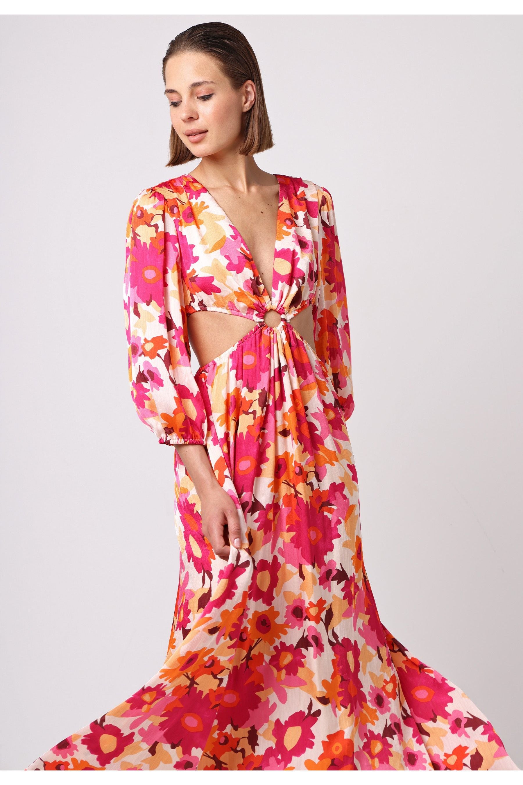 Cut Out Long Sleeve Maxi Dress In Pink Floral Print J035506HOTPNKF