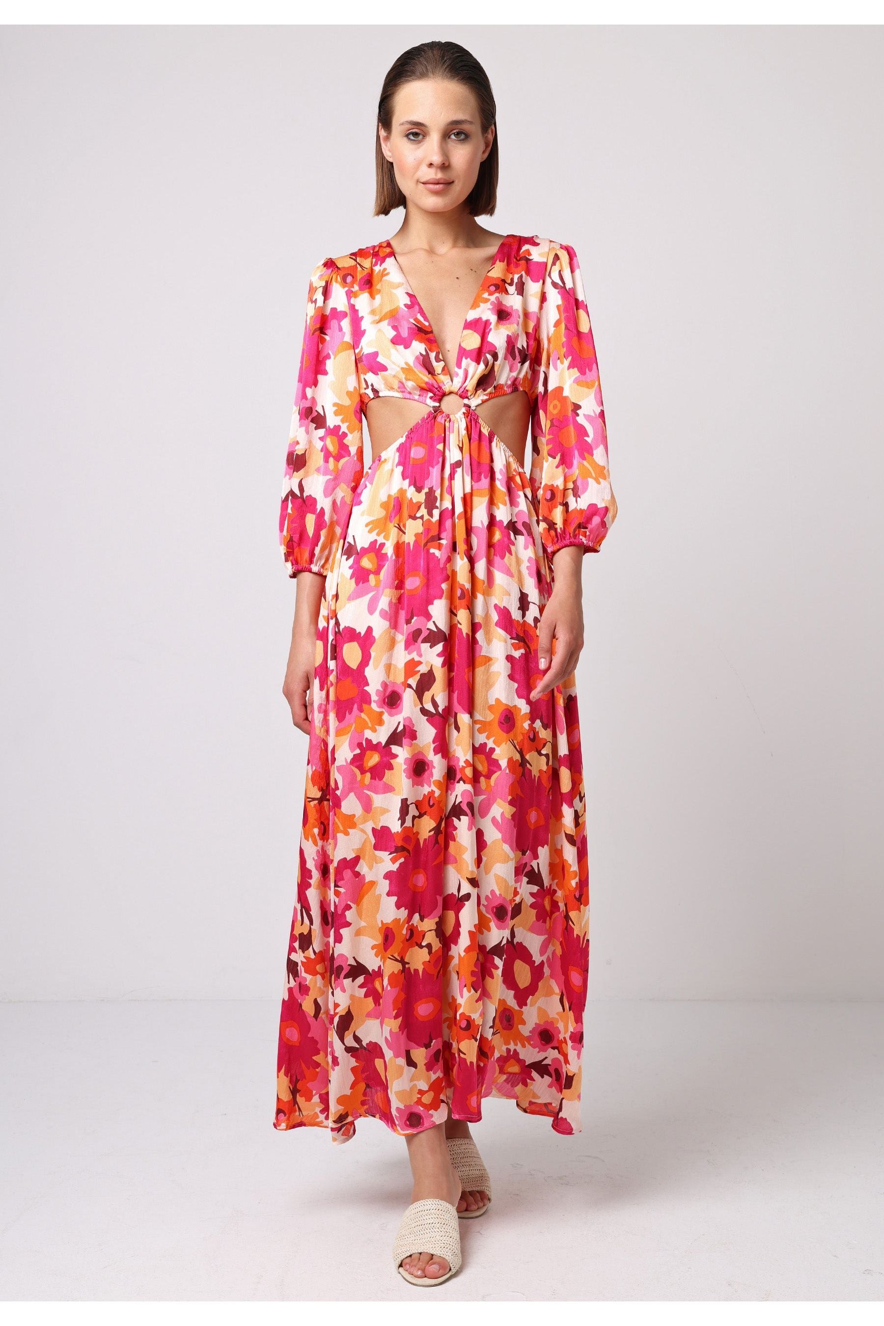 Cut Out Long Sleeve Maxi Dress In Pink Floral Print J035506HOTPNKF