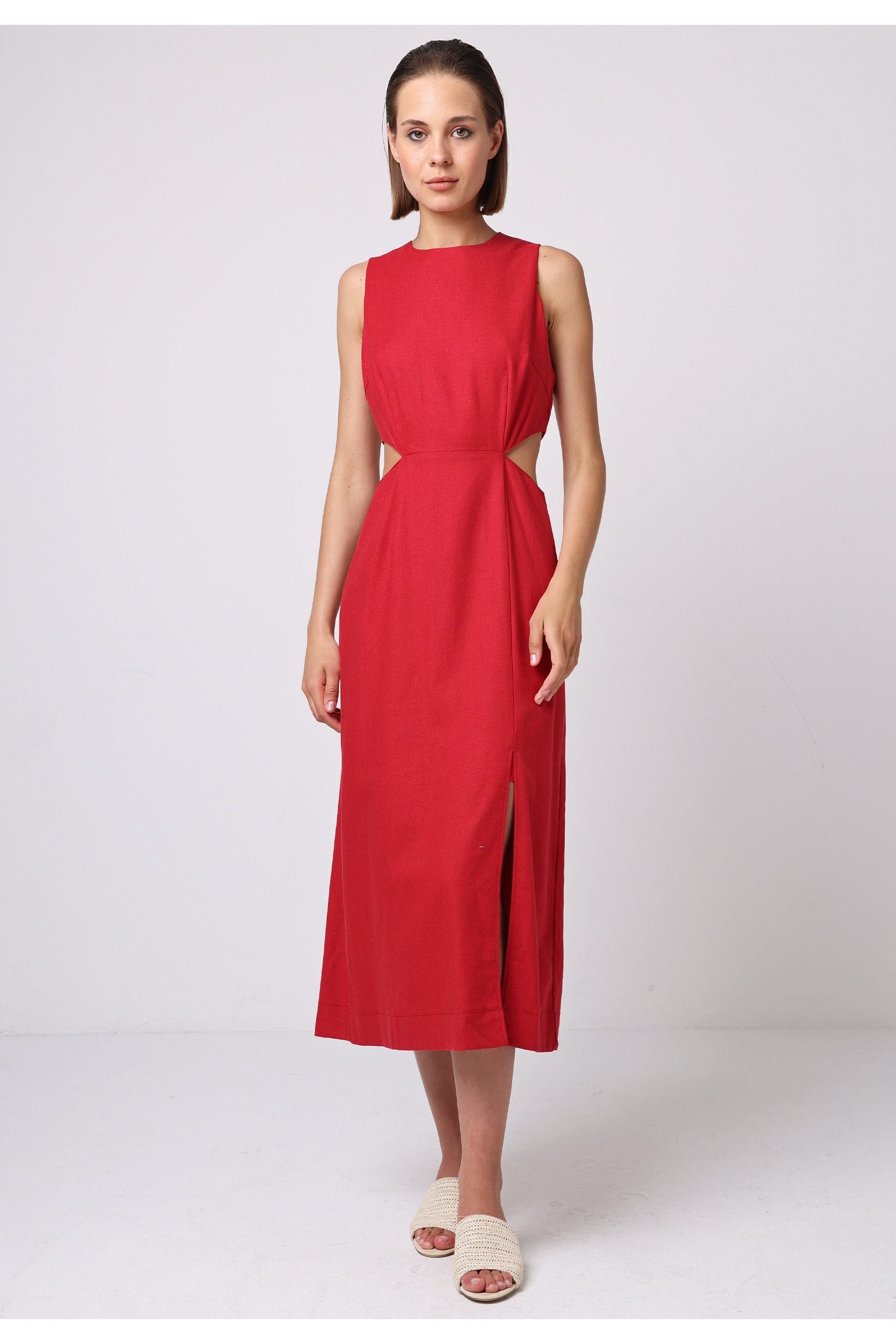 Linen Midi Dress With Side Cut Outs J035515DEPRDF