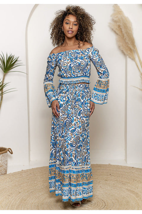 Boho Co-ord Bardot Top And Maxi Skirt Set In Blue Paisley Print by Angeleye