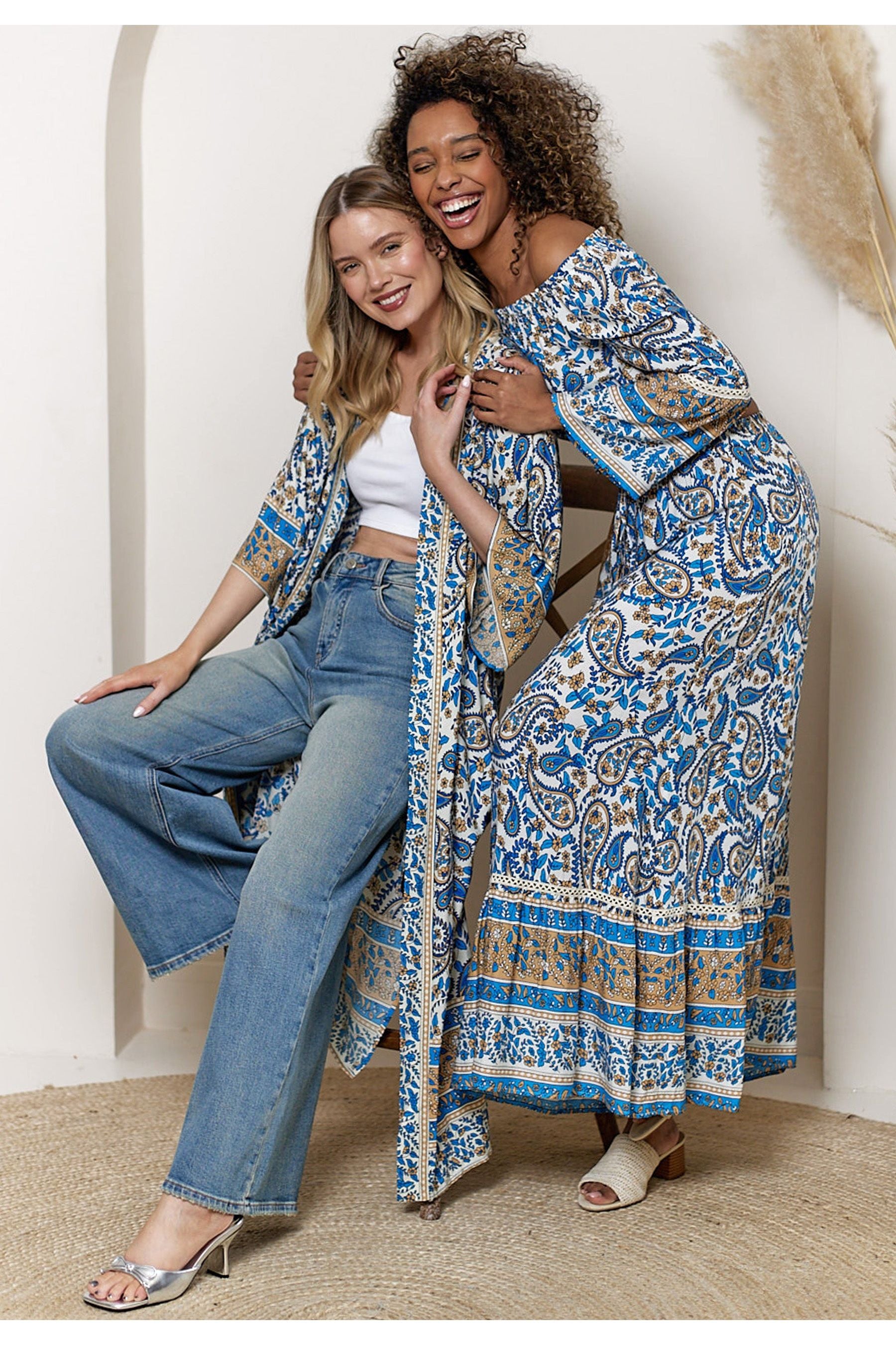 Boho Co-ord Bardot Top And Maxi Skirt Set In Blue Paisley Print J038879-80BLEF