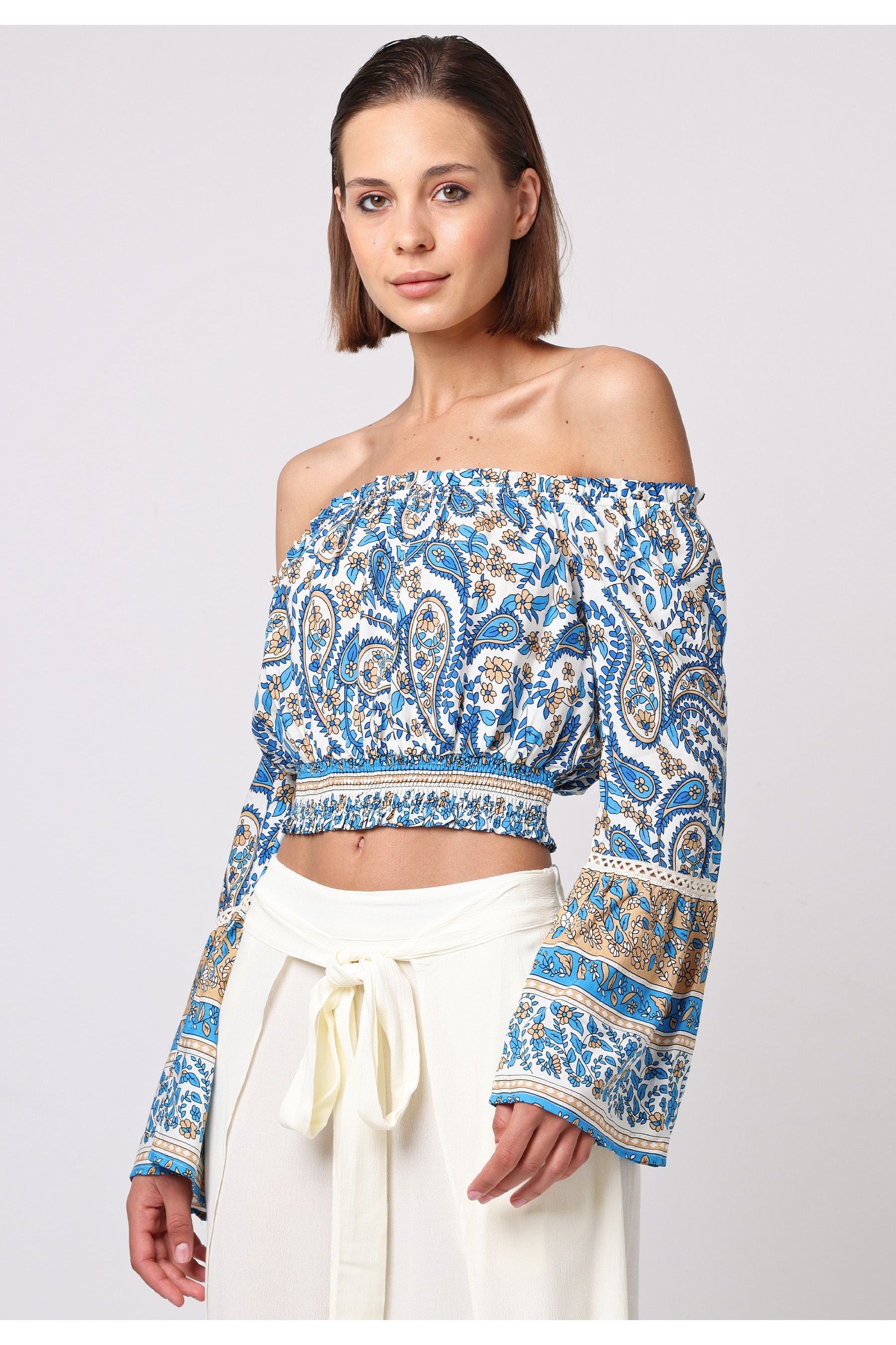 Boho Co-ord Bardot Top And Maxi Skirt Set In Blue Paisley Print J038879-80BLEF