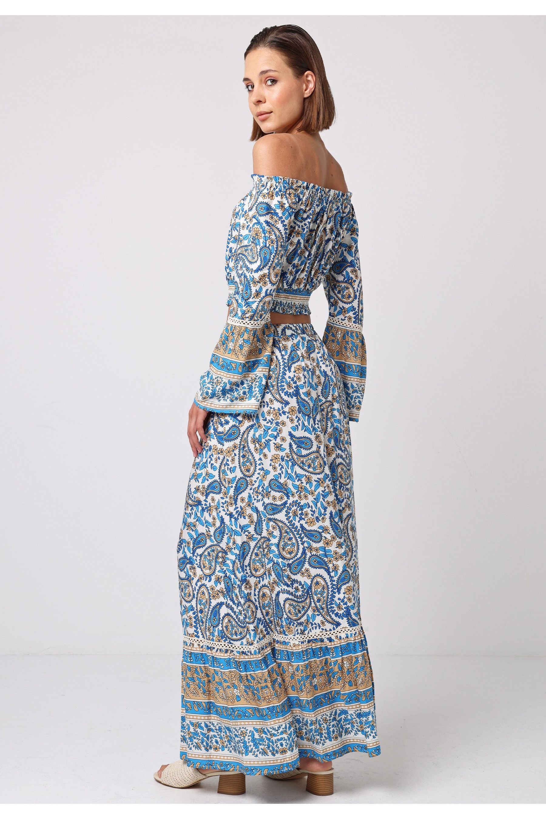 Boho Co-ord Bardot Top And Maxi Skirt Set In Blue Paisley Print J038879-80BLEF