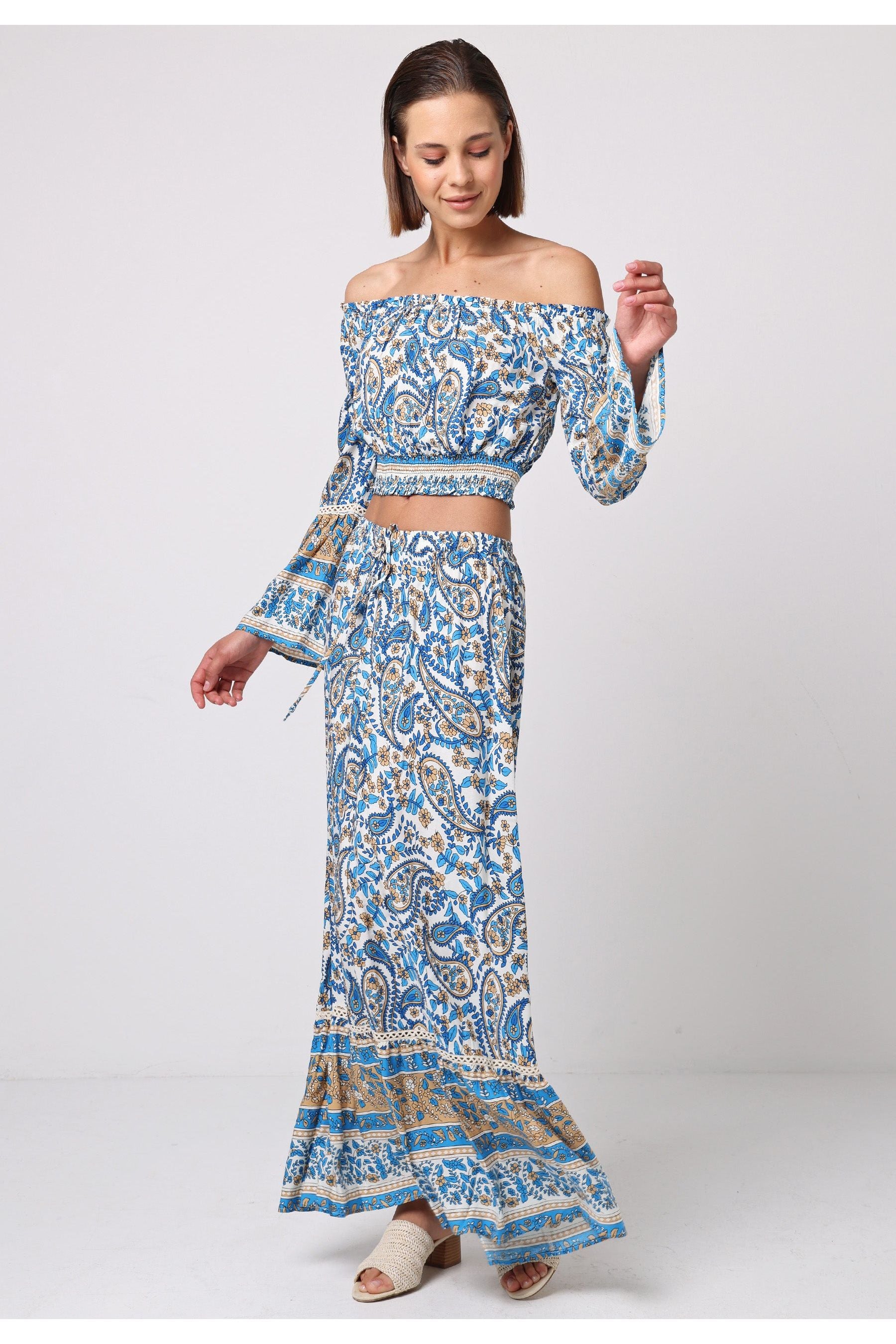 Boho Co-ord Bardot Top And Maxi Skirt Set In Blue Paisley Print J038879-80BLEF