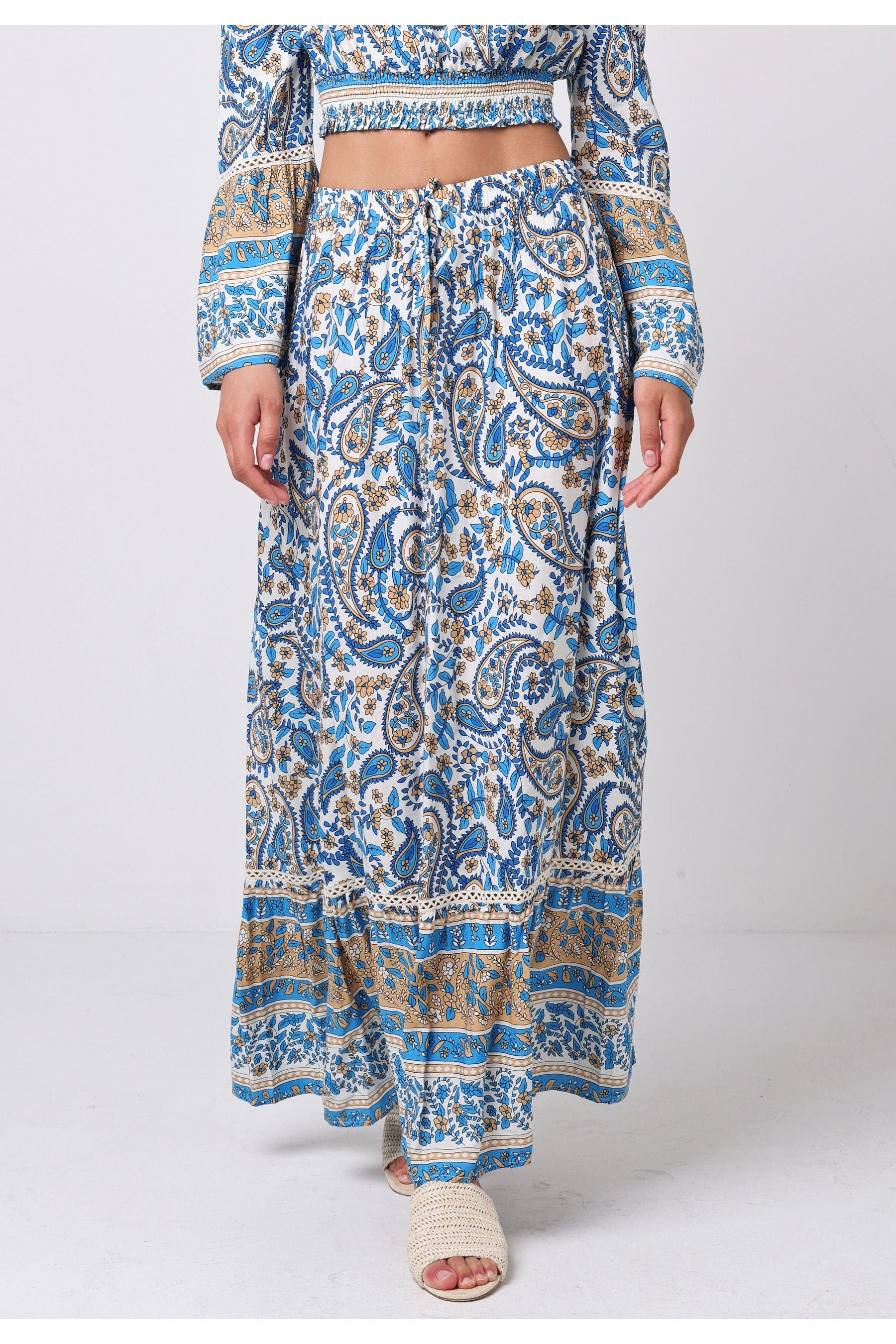 Boho Co-ord Bardot Top And Maxi Skirt Set In Blue Paisley Print J038879-80BLEF