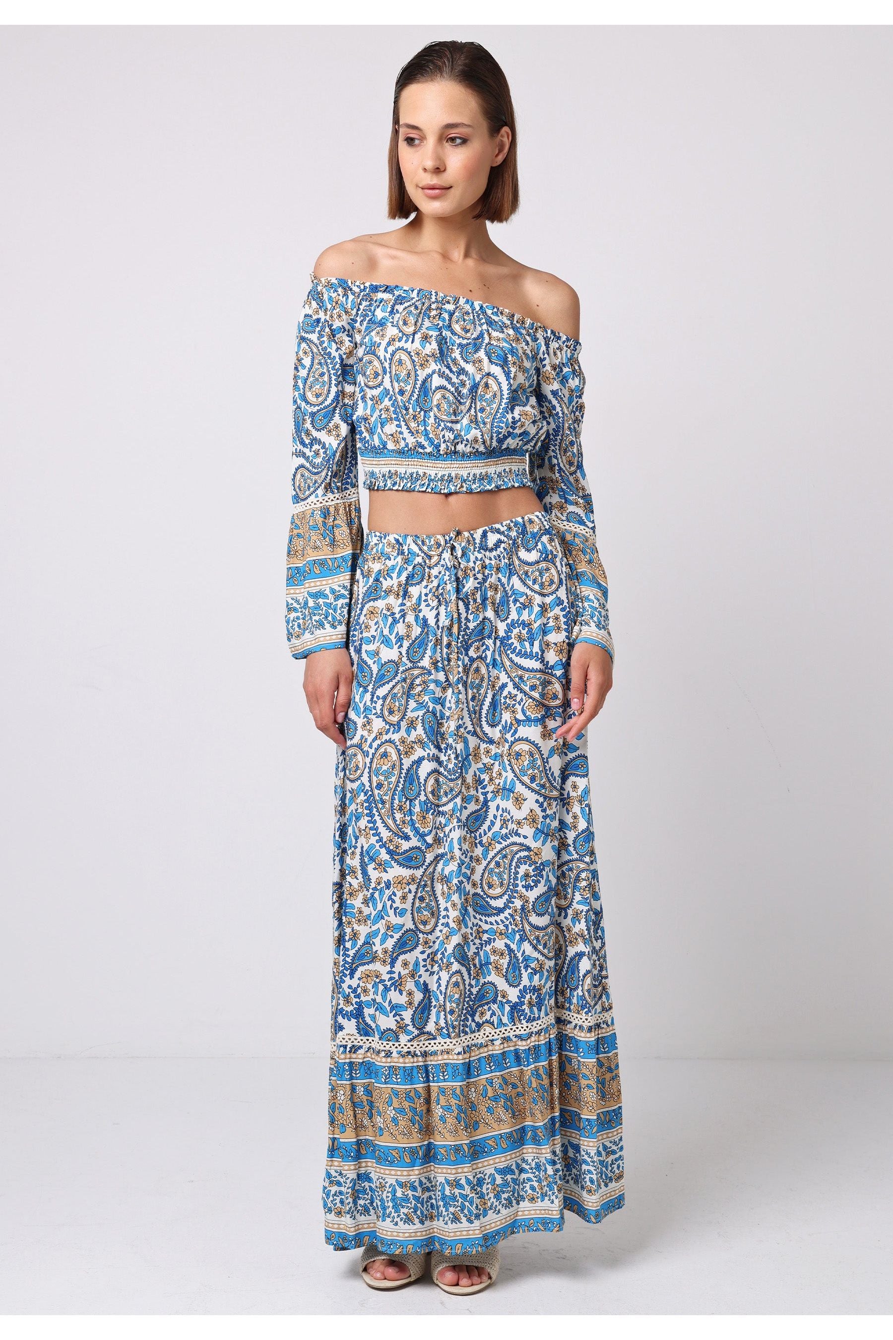Boho Co-ord Bardot Top And Maxi Skirt Set In Blue Paisley Print J038879-80BLEF