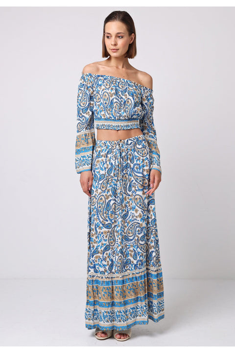 Boho Co-ord Bardot Top And Maxi Skirt Set In Blue Paisley Print by Angeleye