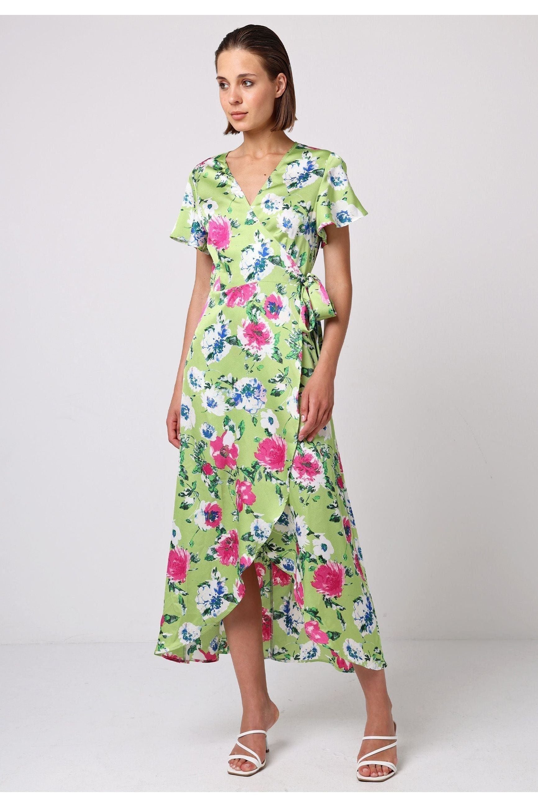Angel Sleeve Tie Wrap Dress In Green Floral Print J038892