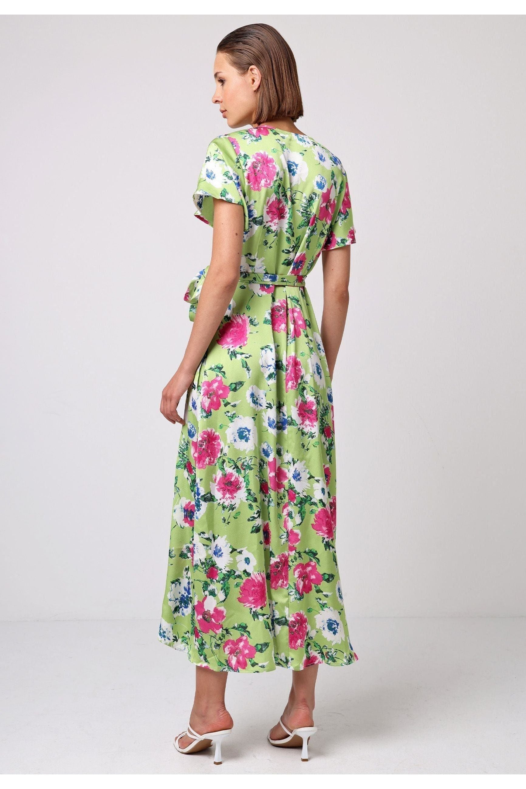 Angel Sleeve Tie Wrap Dress In Green Floral Print J038892