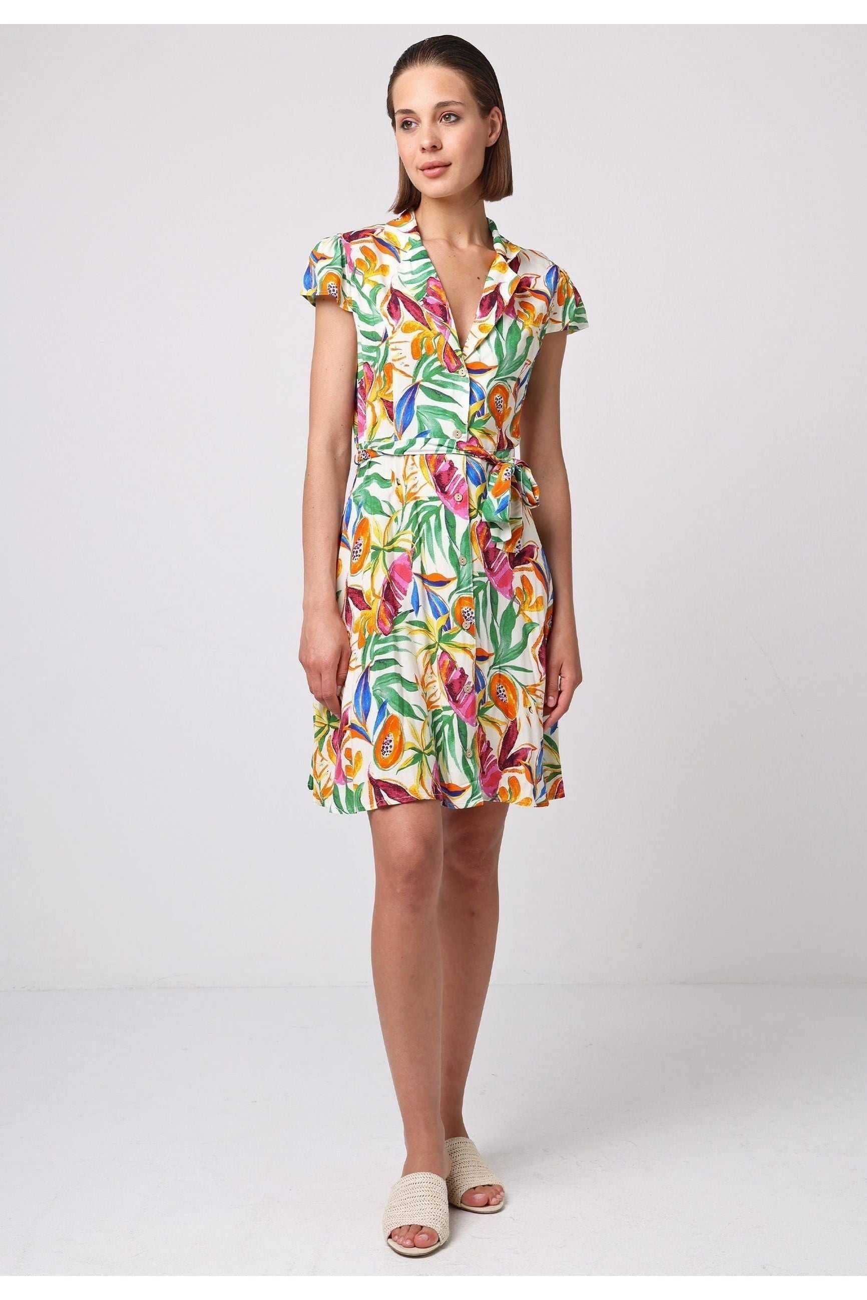 Buttoned Mini Shirt Dress With Cap Sleeves In Tropical Papaya Print J038901