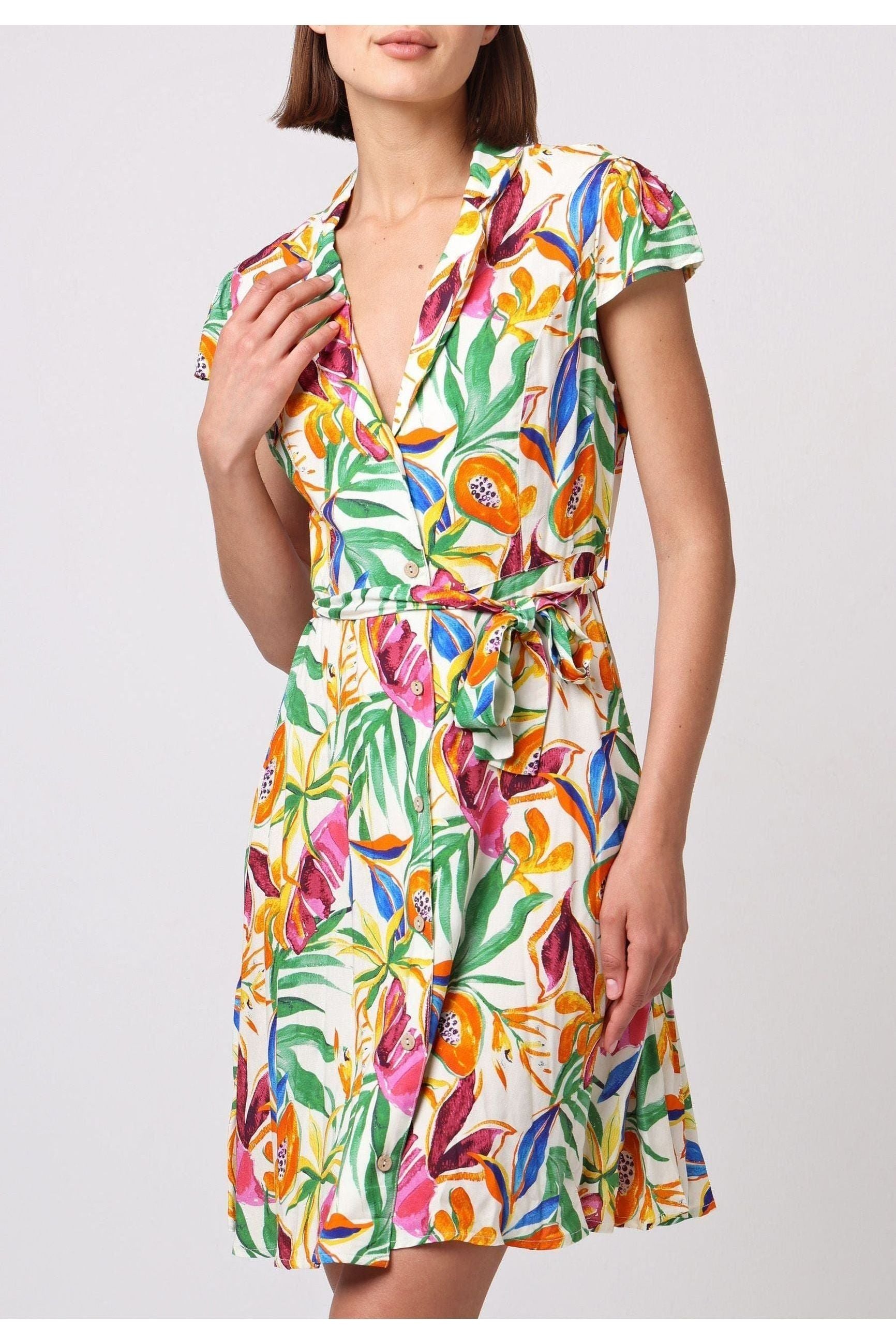 Buttoned Mini Shirt Dress With Cap Sleeves In Tropical Papaya Print J038901