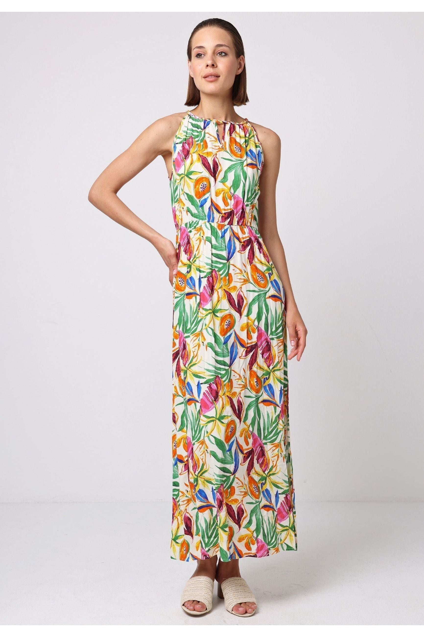 Halterneck Keyhole Maxi Dress In Tropical Papaya Print J038902