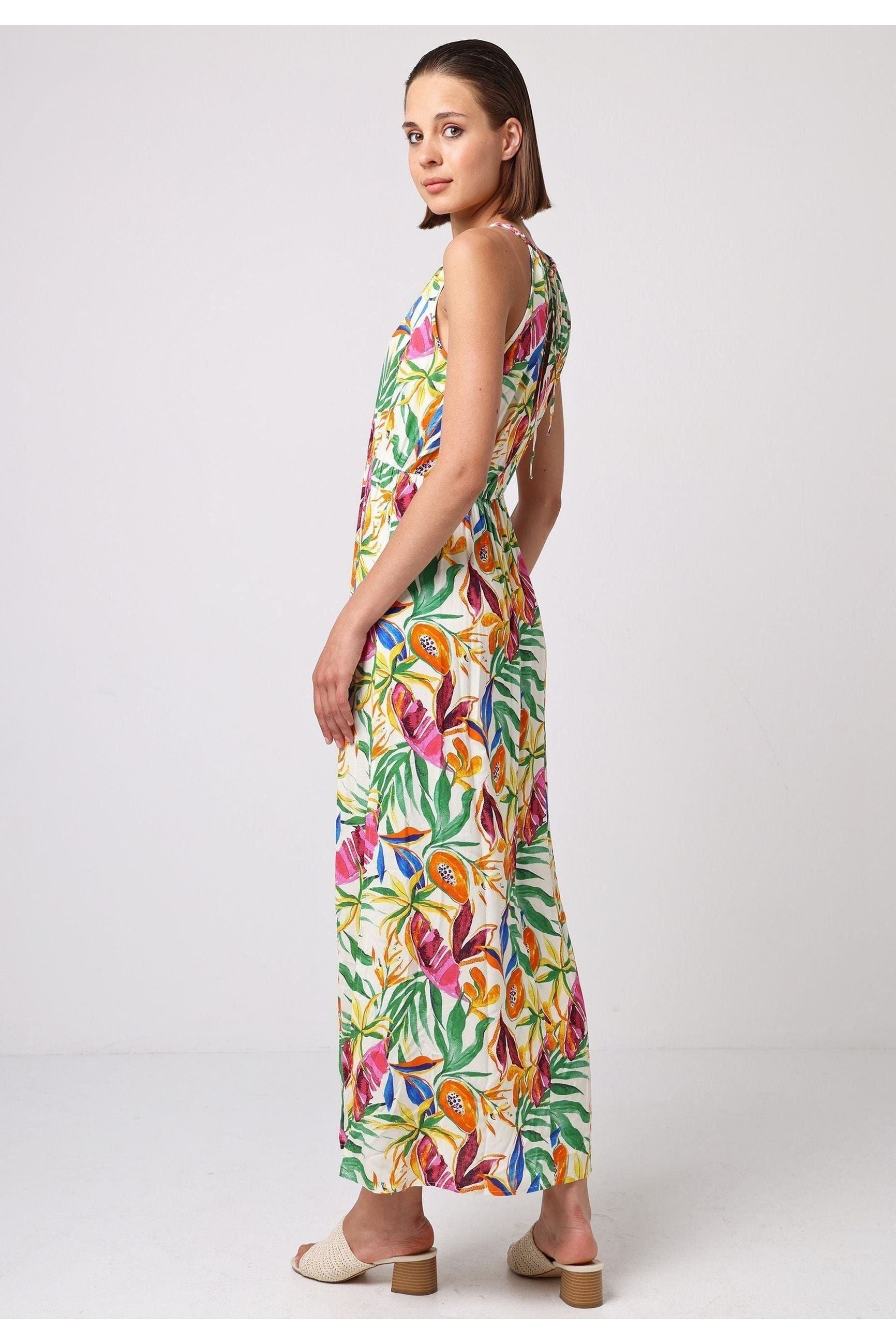 Halterneck Keyhole Maxi Dress In Tropical Papaya Print J038902