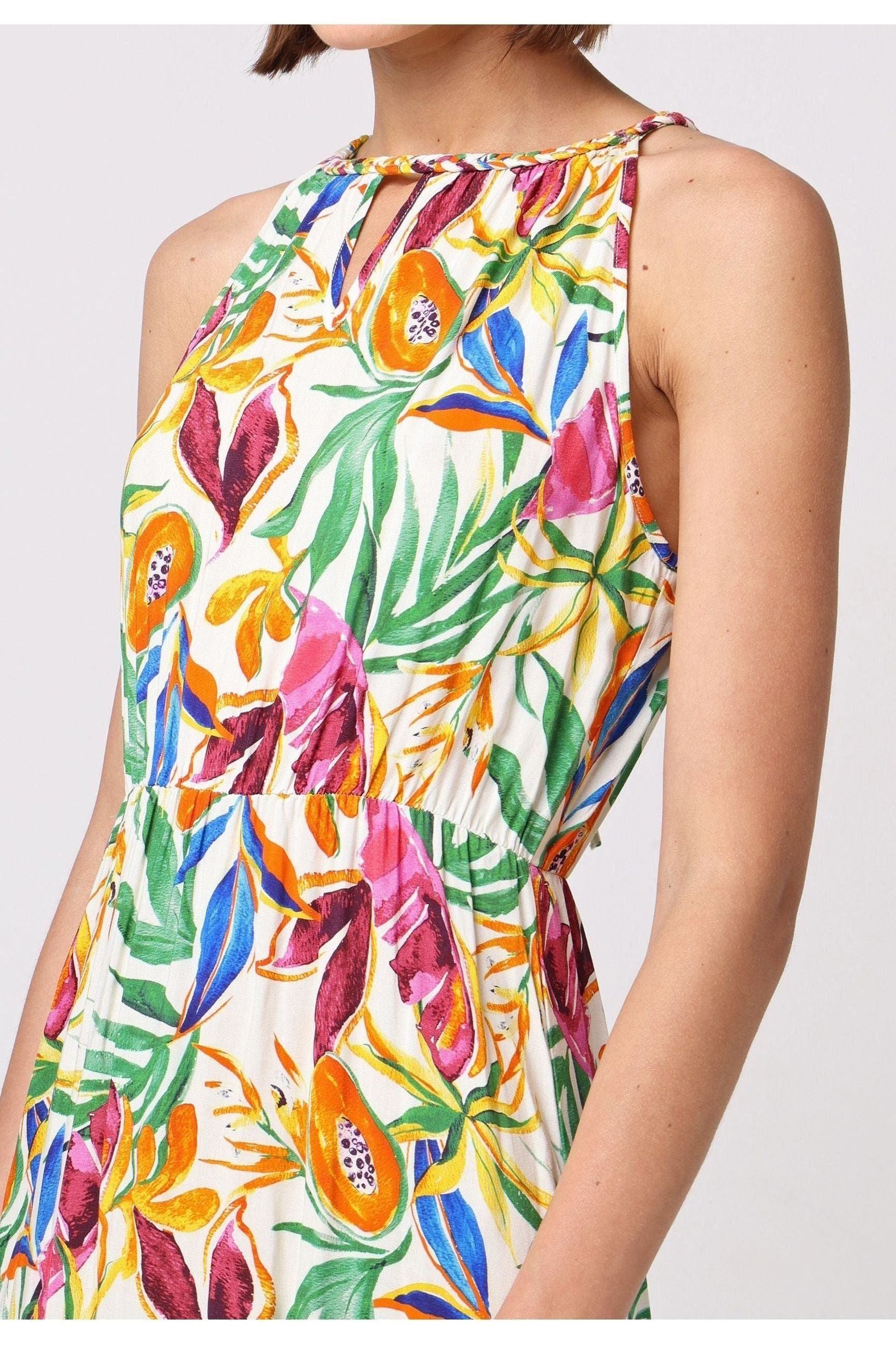 Halterneck Keyhole Maxi Dress In Tropical Papaya Print J038902