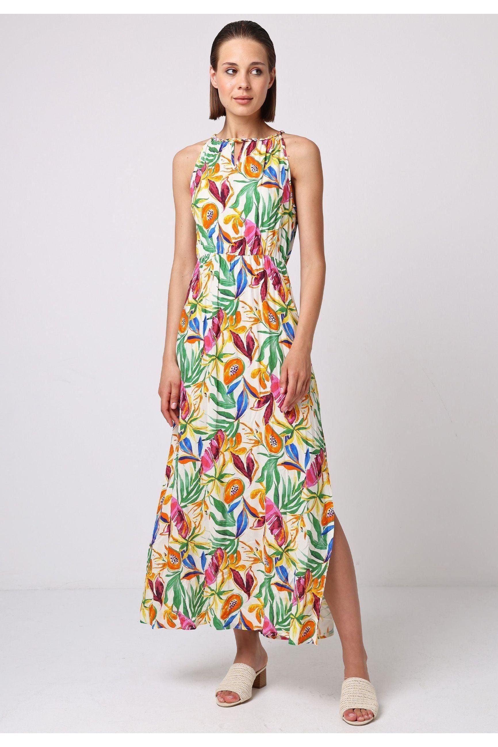 Halterneck Keyhole Maxi Dress In Tropical Papaya Print J038902