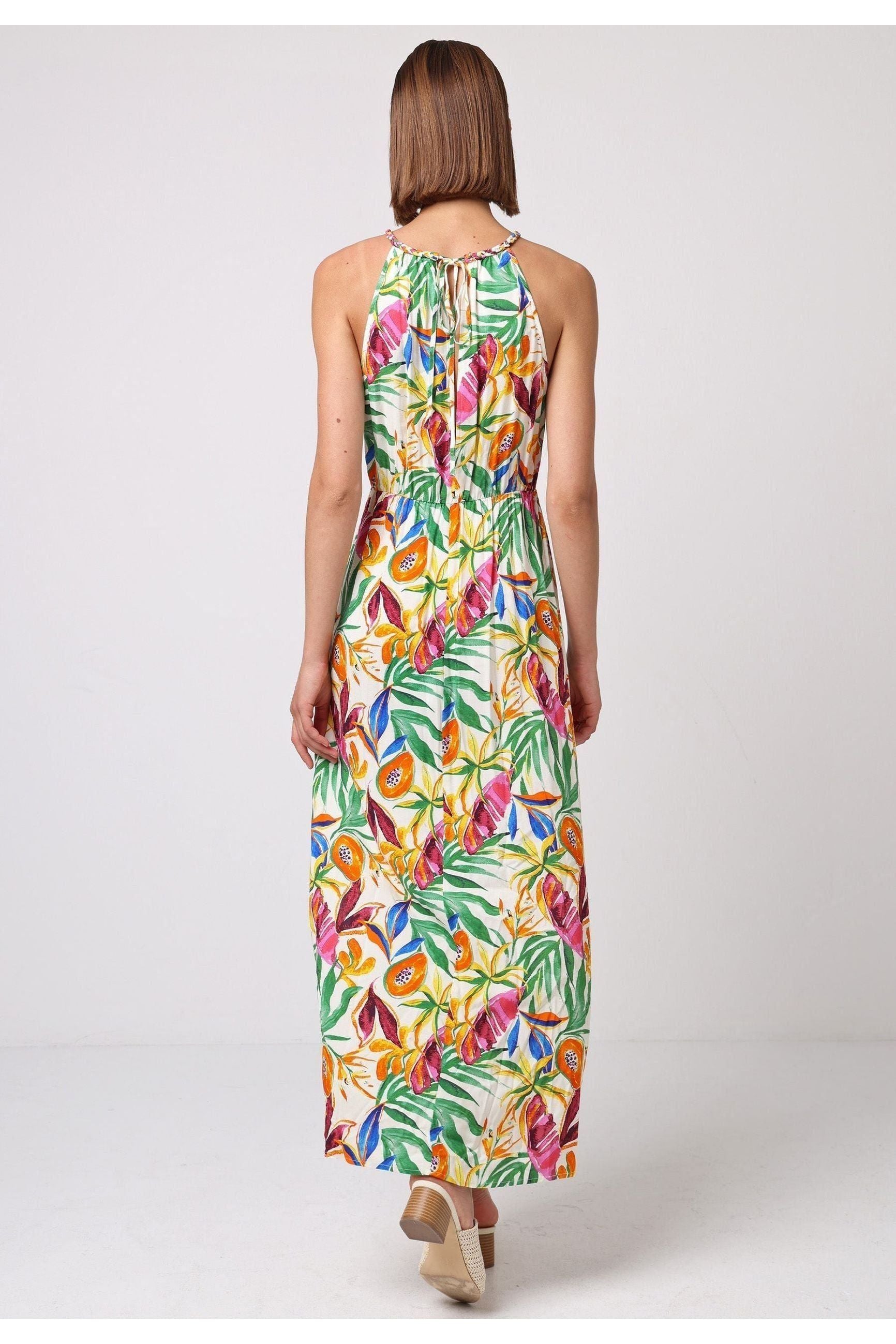 Halterneck Keyhole Maxi Dress In Tropical Papaya Print J038902