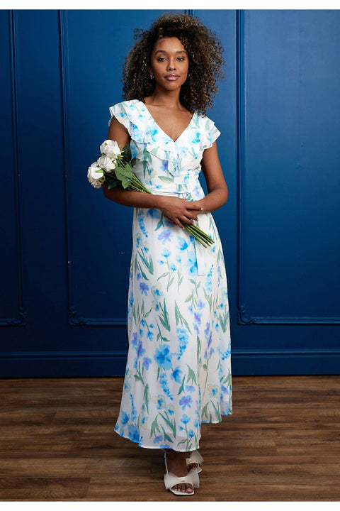 Flutter Sleeve Maxi Dress With Tie Belt In White Blue Floral by Angeleye