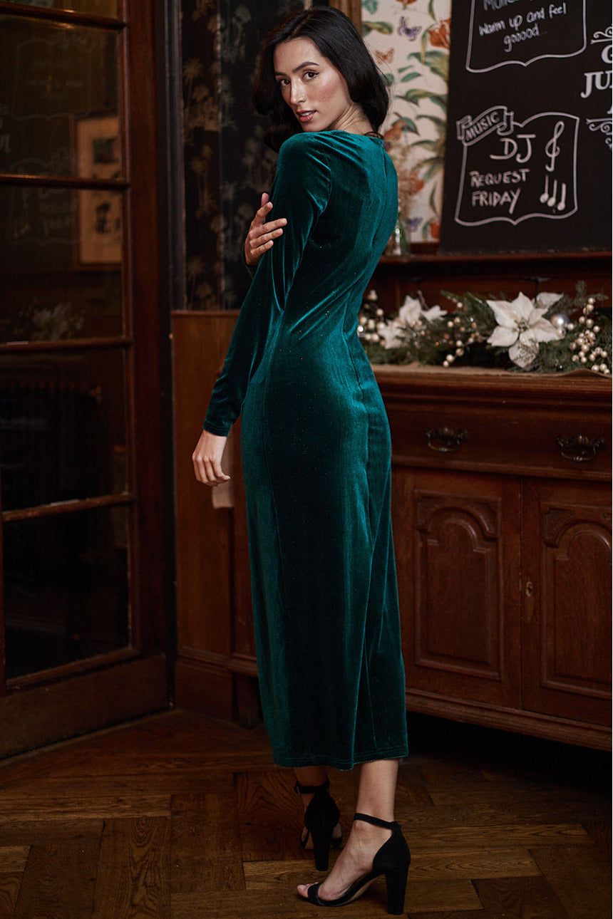 Midi Ruched Dress In Green Velvet J039859
