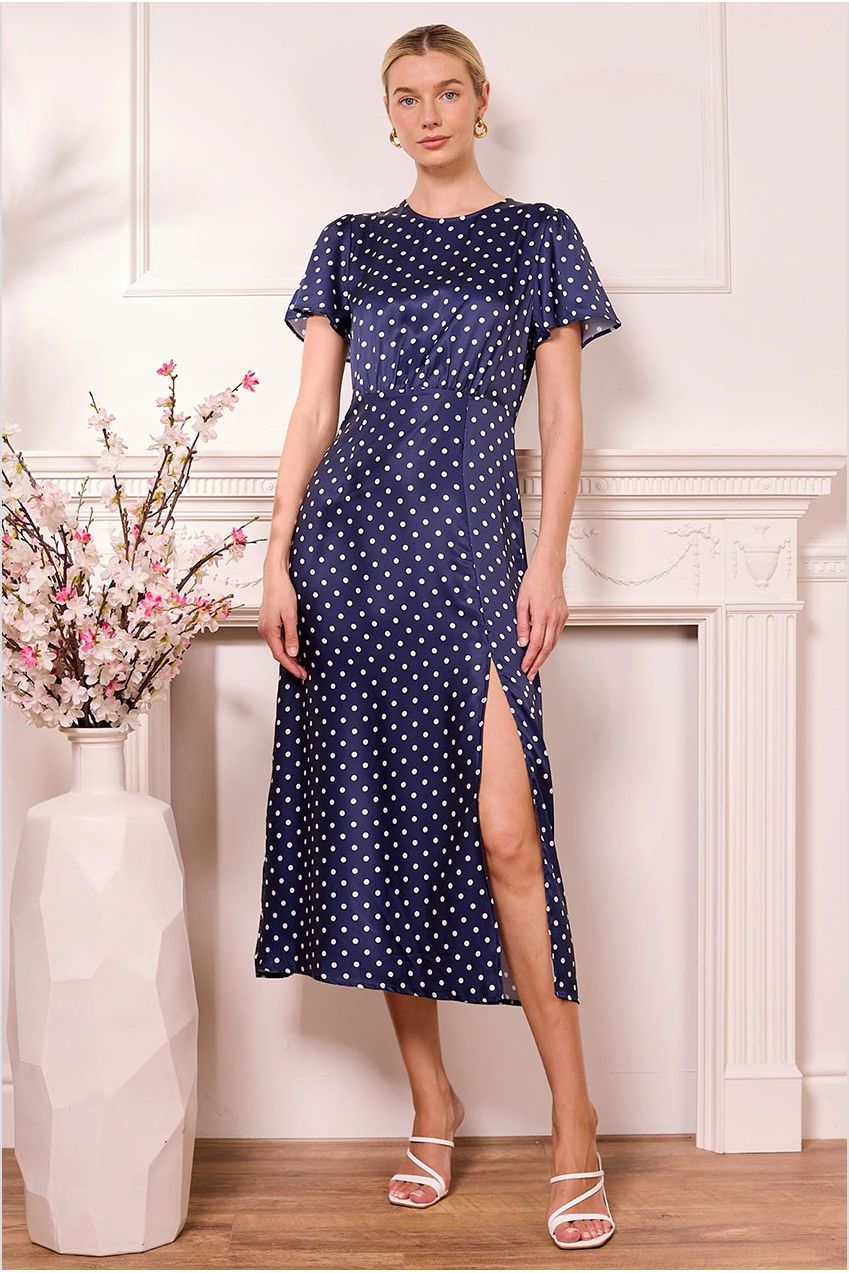 Navy Satin Polka Dot Midi Dress J042570