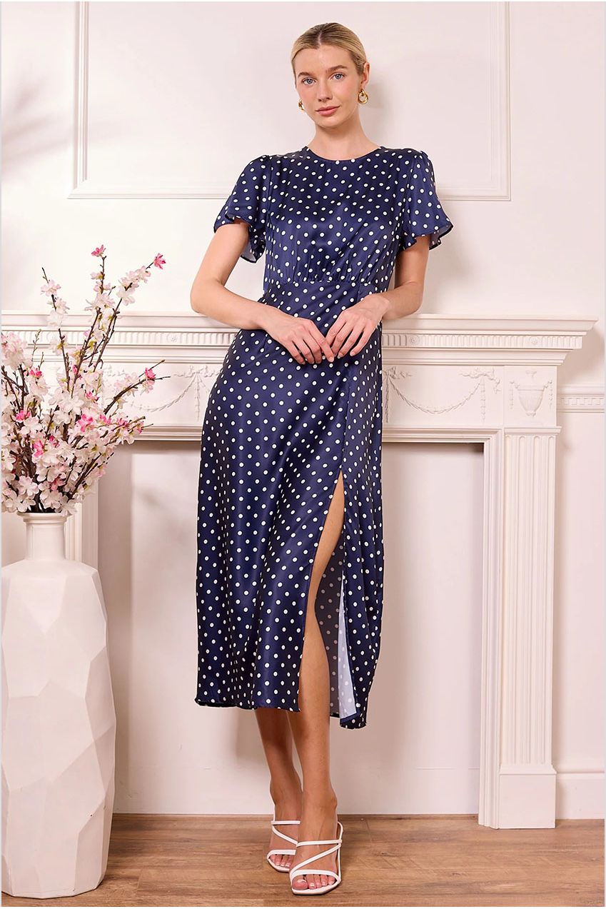 Navy Satin Polka Dot Midi Dress J042570