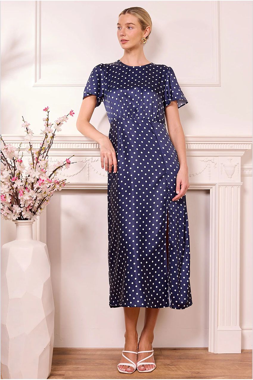 Navy Satin Polka Dot Midi Dress J042570