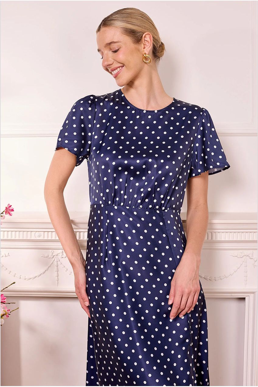 Navy Satin Polka Dot Midi Dress J042570