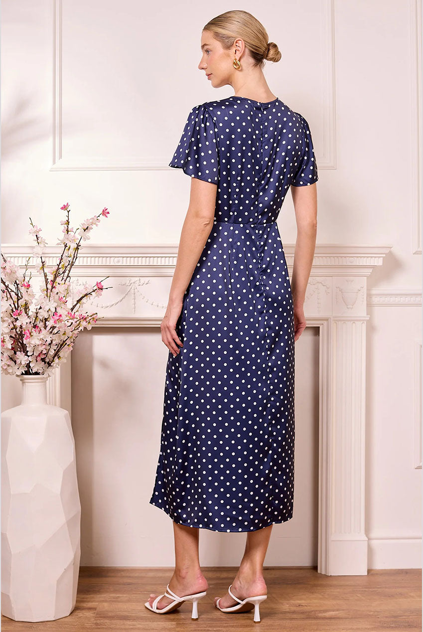 Navy Satin Polka Dot Midi Dress J042570