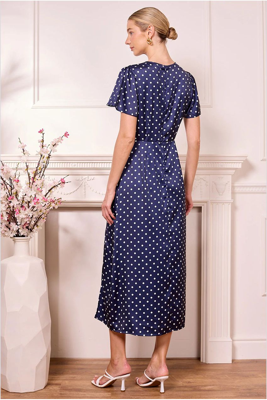Navy Satin Polka Dot Midi Dress J042570
