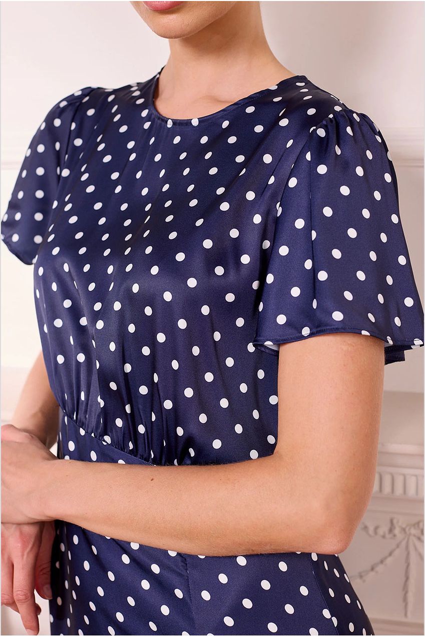 Navy Satin Polka Dot Midi Dress J042570