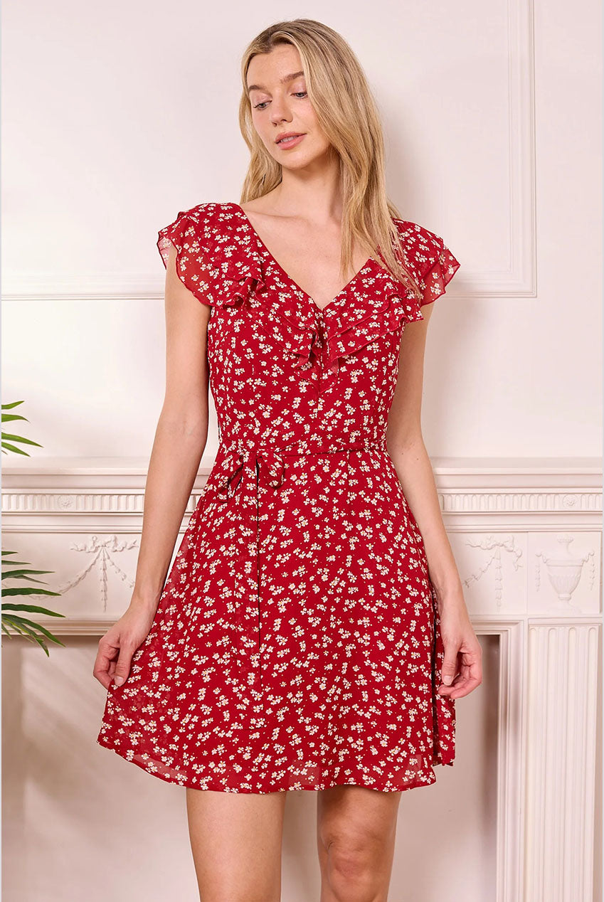 Red Ditsy Mini Dress With V-neck Ruffles J042571