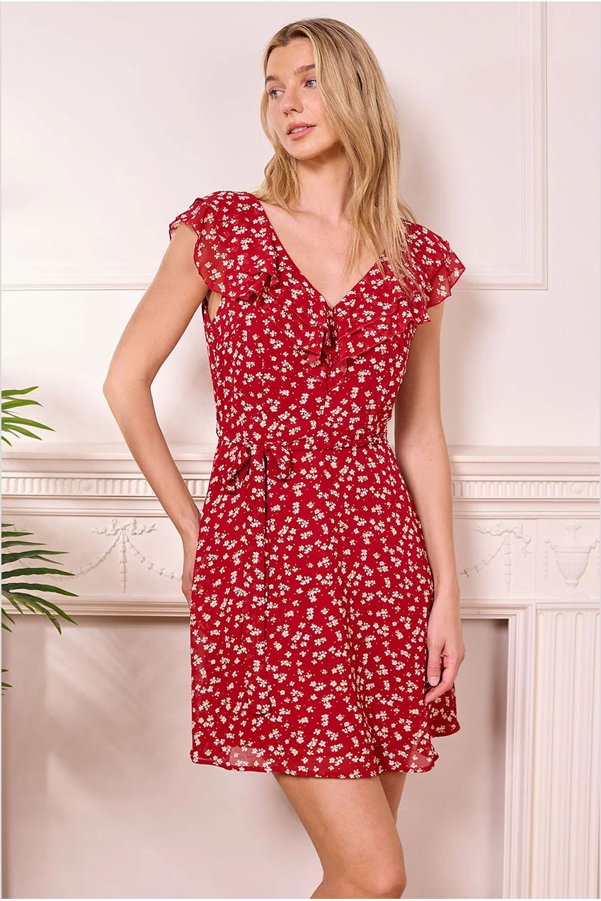 Red Ditsy Mini Dress With V-neck Ruffles J042571