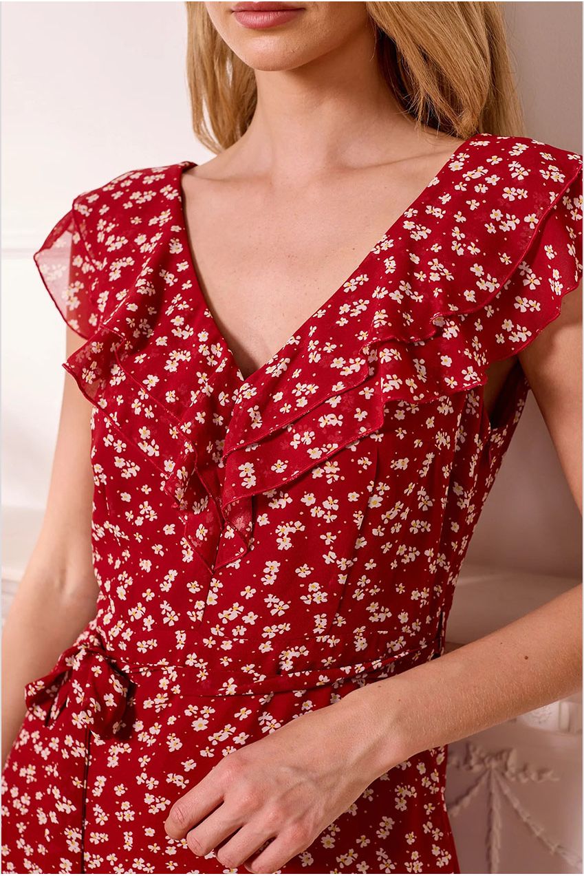 Red Ditsy Mini Dress With V-neck Ruffles J042571