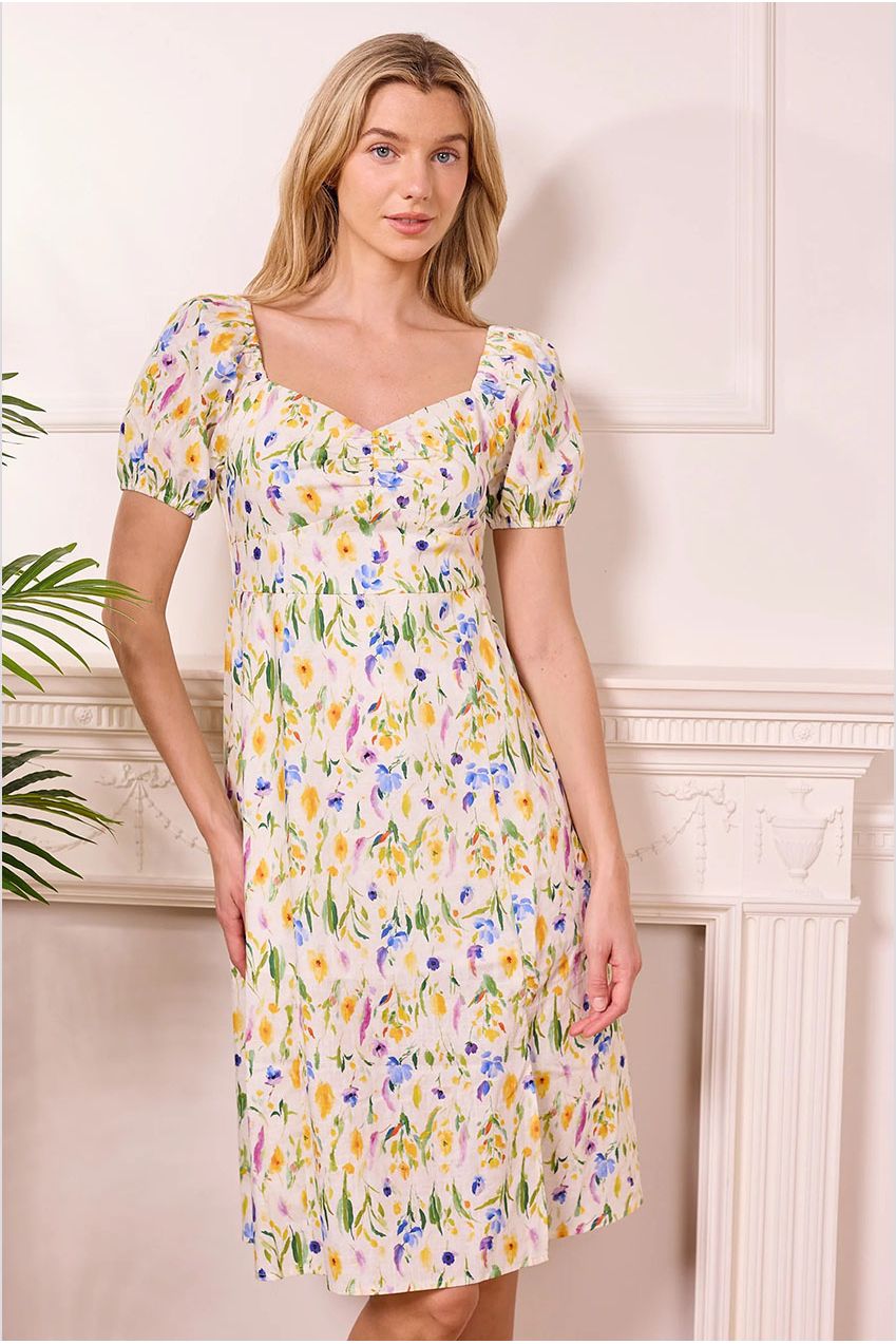 Ditsy Floral White Midi Summer Dress J042577