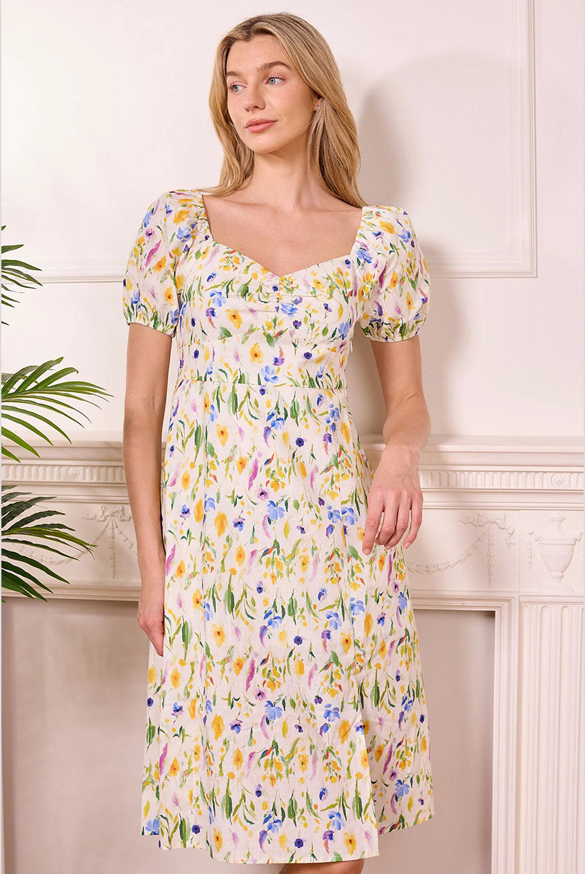 Ditsy Floral White Midi Summer Dress J042577