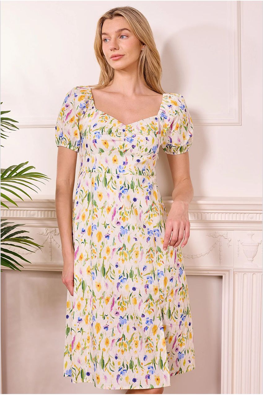 Ditsy Floral White Midi Summer Dress J042577