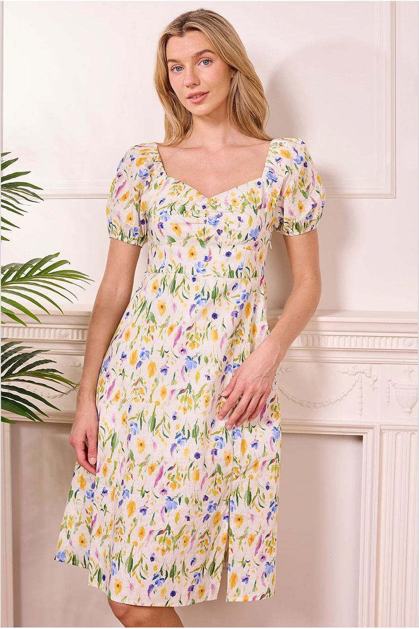 Ditsy Floral White Midi Summer Dress J042577