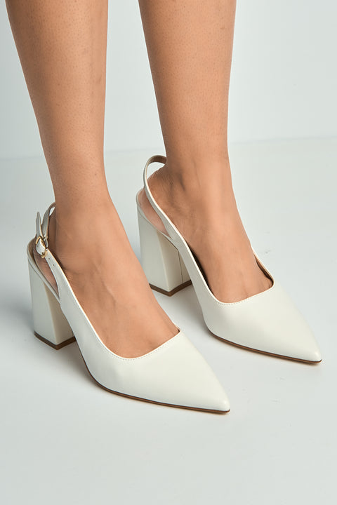 Kayra Pointed Toe Slingback Block Heel Court Shoes In White PU by Miss Diva