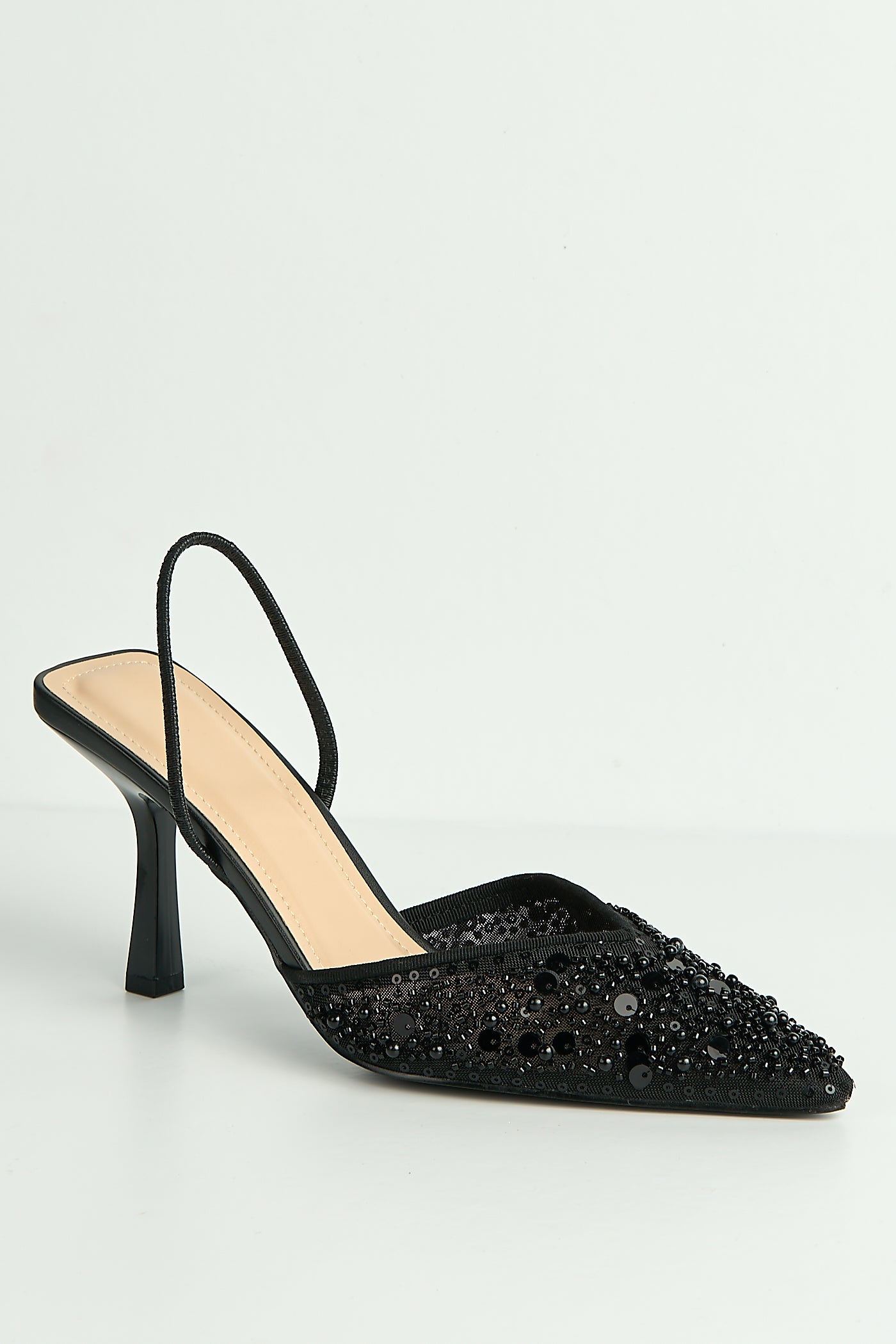 Jasmina Sequin & Bead Embellished Mesh Slingback Court Shoes In Black SALADO101-BLK
