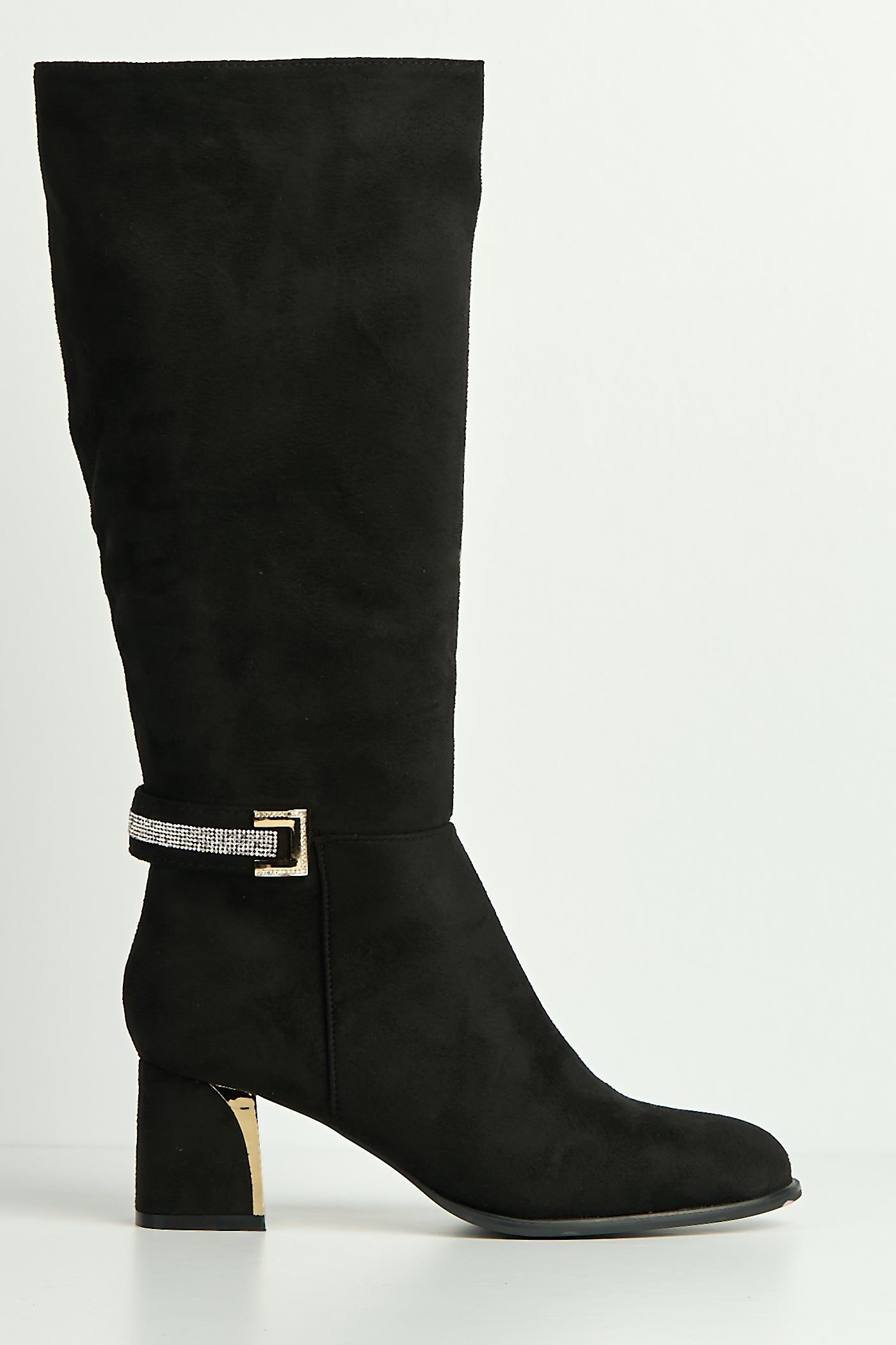 Serenity Gold & Diamante Trim Block Heel Knee High Boots In Black CARAMEL2-BLKSU